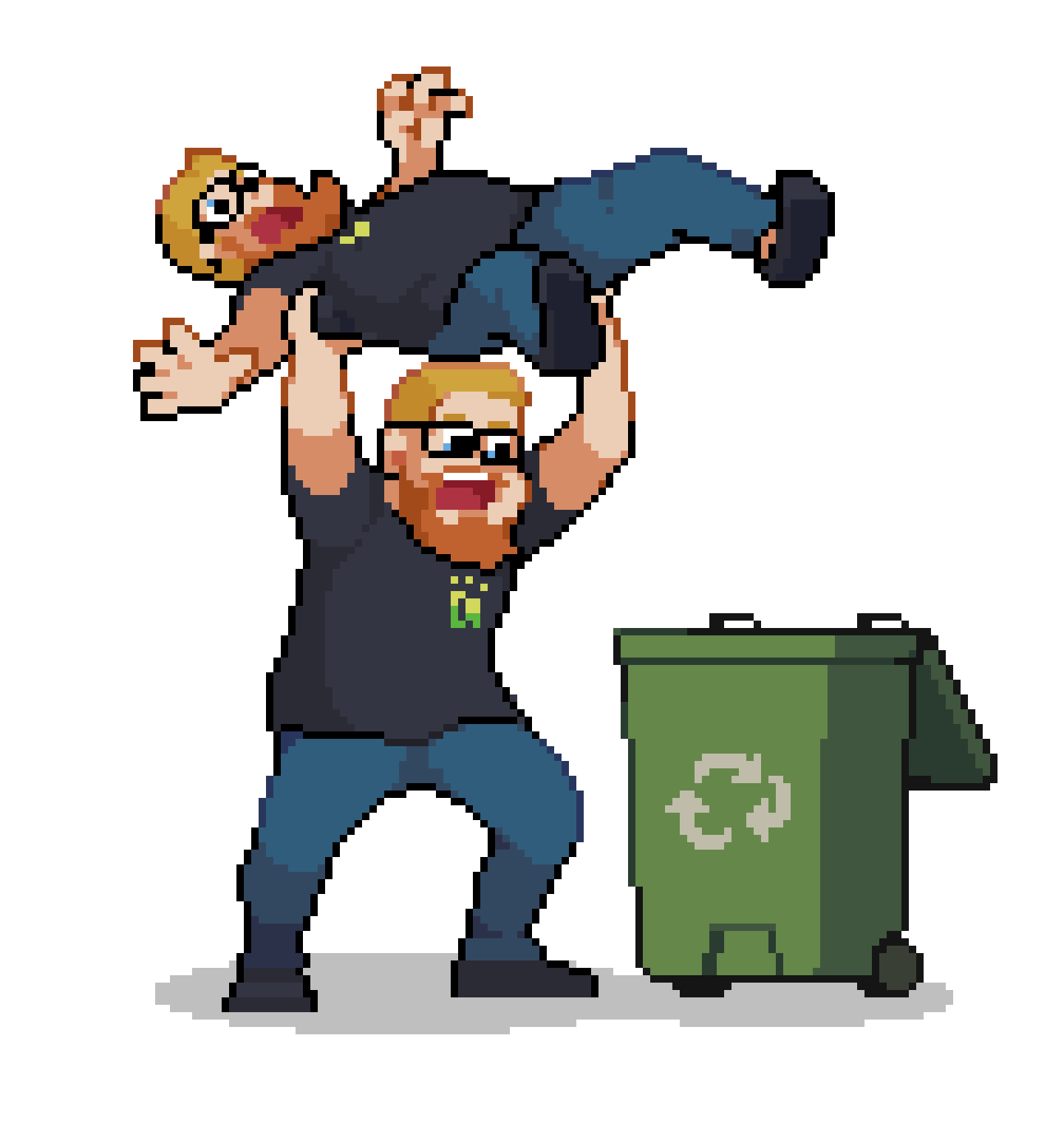 Pixel art of Scott hoisting a smaller Scott over a recycling bin